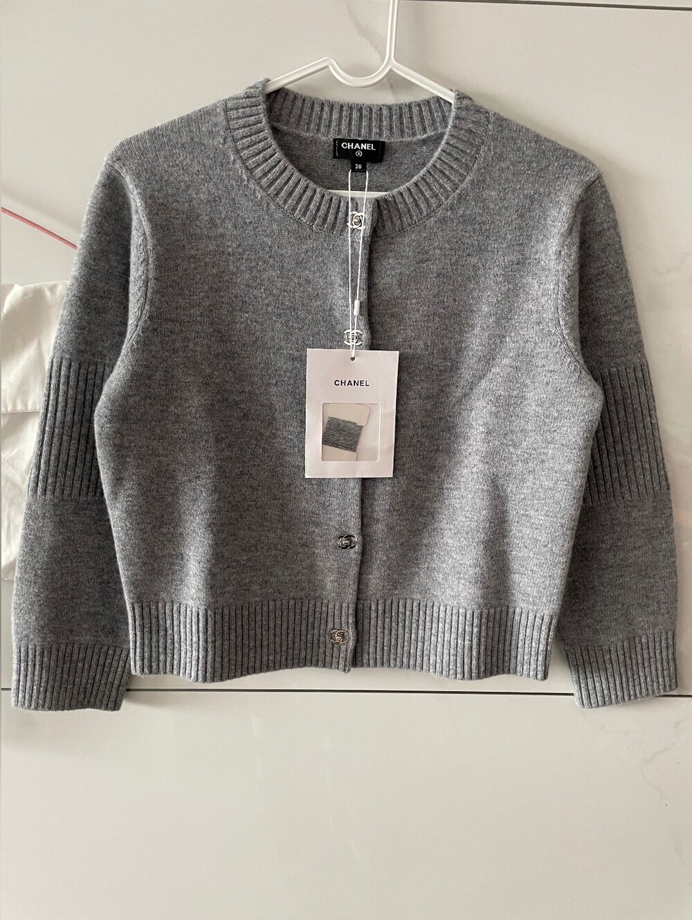 CHANEL Gray Ribbed Cashmere Cardigan